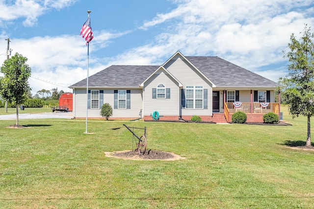 ranch-style home with crawl space, covered porch, roof with shingles, and a front lawn