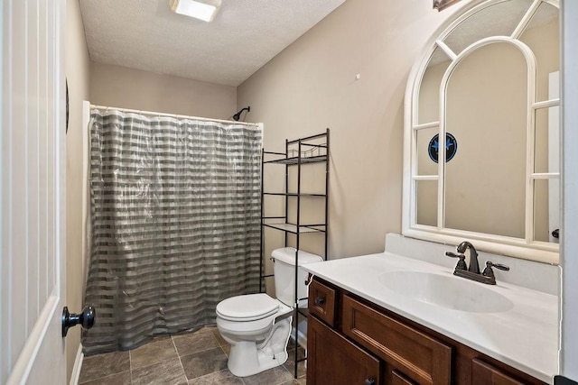 bathroom with toilet, a textured ceiling, shower / bath combination with curtain, and vanity