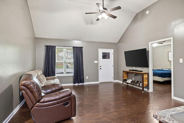 living room with high vaulted ceiling, ceiling fan, baseboards, and dark wood-style flooring