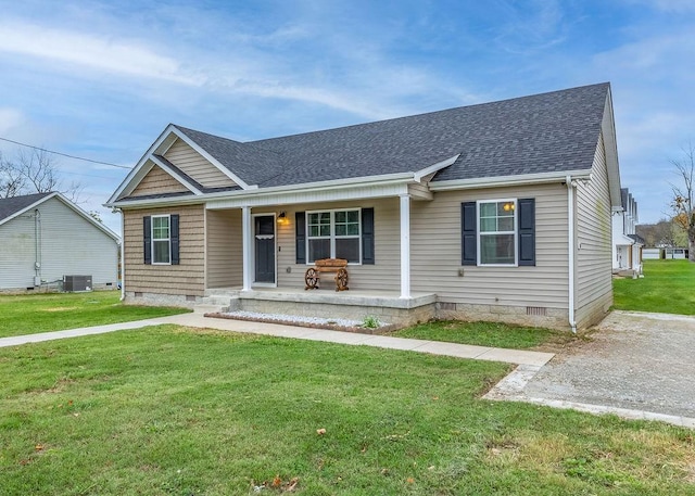 view of front of property featuring covered porch, roof with shingles, crawl space, and central air condition unit