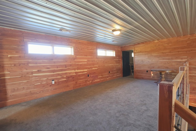 basement featuring carpet floors and wooden walls