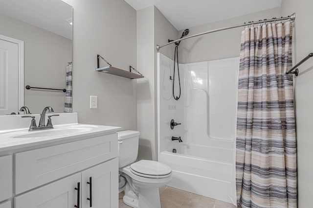 full bath with toilet, vanity, shower / bath combo with shower curtain, and tile patterned floors