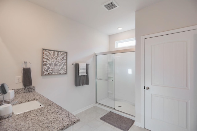 bathroom featuring visible vents, a shower stall, baseboards, and vanity