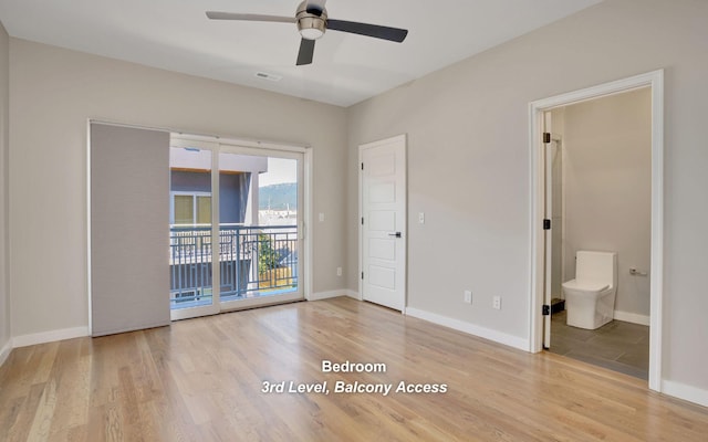 unfurnished bedroom with light wood-type flooring, access to outside, visible vents, and baseboards