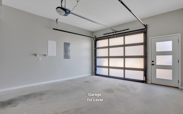 garage with electric panel, baseboards, and a garage door opener