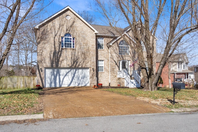 view of front of house featuring concrete driveway, brick siding, fence, and an attached garage