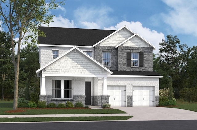 craftsman house with brick siding, driveway, and an attached garage