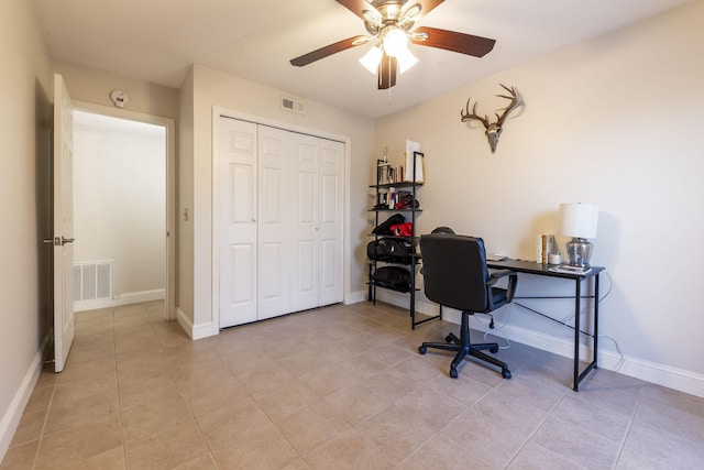 home office featuring visible vents, ceiling fan, baseboards, and light tile patterned flooring