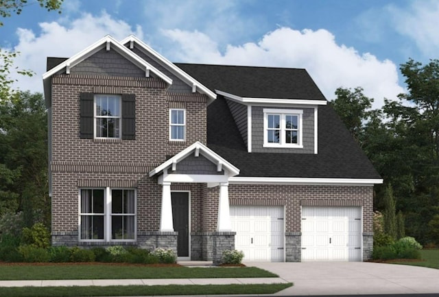 craftsman house with driveway, stone siding, and brick siding