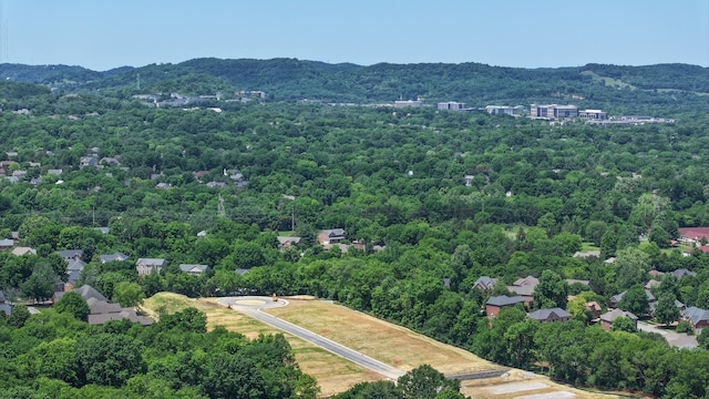 drone / aerial view featuring a mountain view and a view of trees