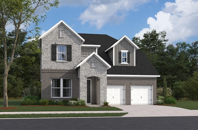 view of front of house featuring brick siding, concrete driveway, stone siding, roof with shingles, and board and batten siding