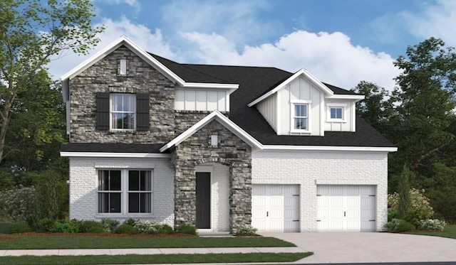 view of front of house featuring an attached garage, concrete driveway, stone siding, board and batten siding, and brick siding