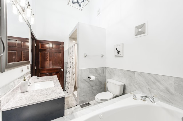 bathroom with visible vents, a stall shower, vanity, and toilet