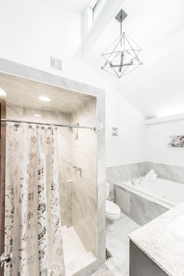 bathroom featuring toilet, a garden tub, a shower stall, and visible vents