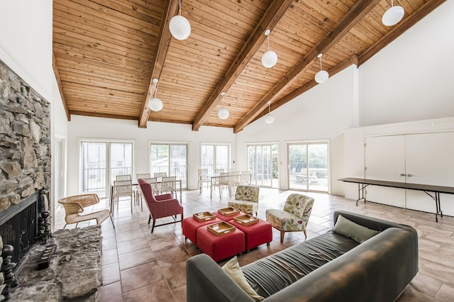 living room featuring wooden ceiling, a fireplace, high vaulted ceiling, and beam ceiling