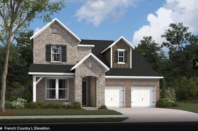 view of front of house featuring a garage, stone siding, brick siding, and driveway