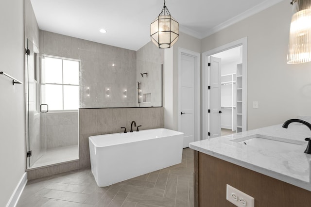 full bath featuring a sink, a freestanding bath, double vanity, a stall shower, and a walk in closet