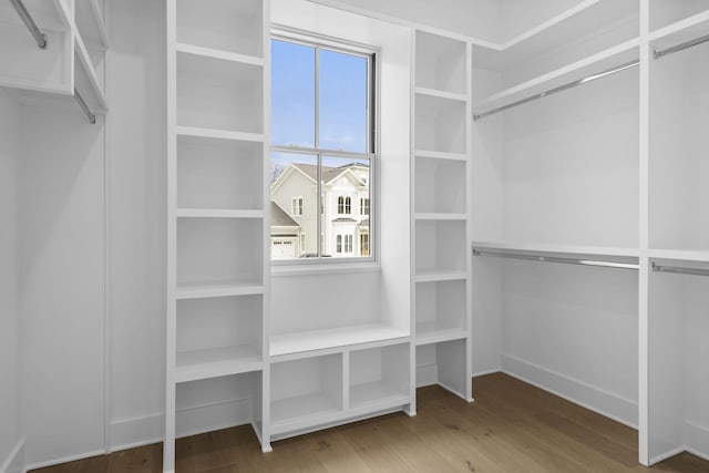 walk in closet with wood finished floors