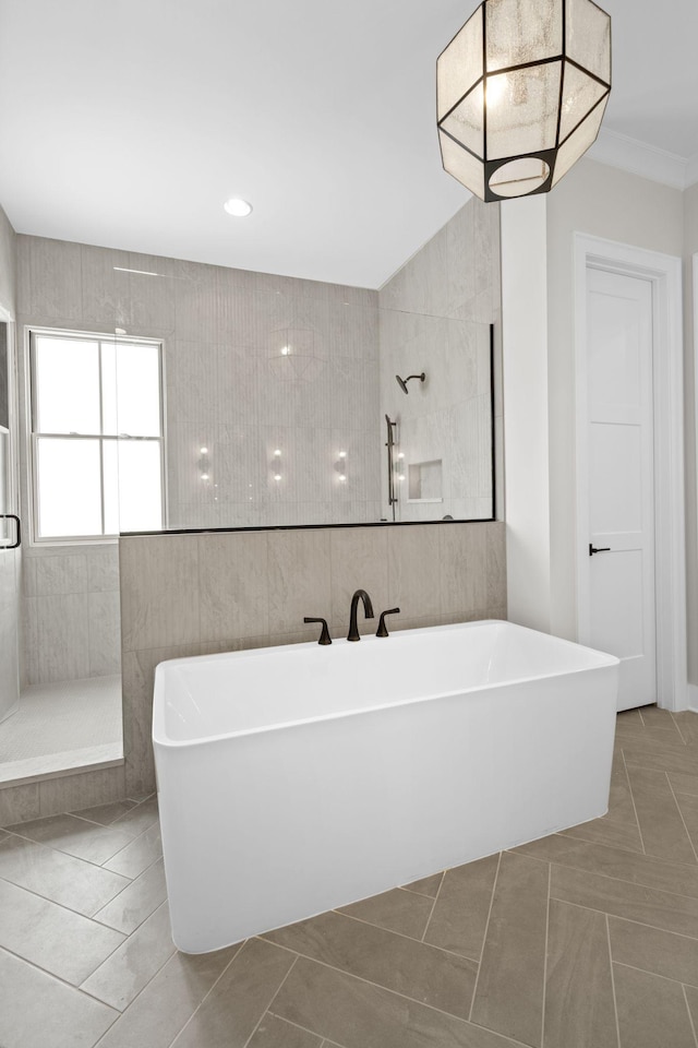 bathroom featuring tile walls, a freestanding bath, a shower stall, and tile patterned floors