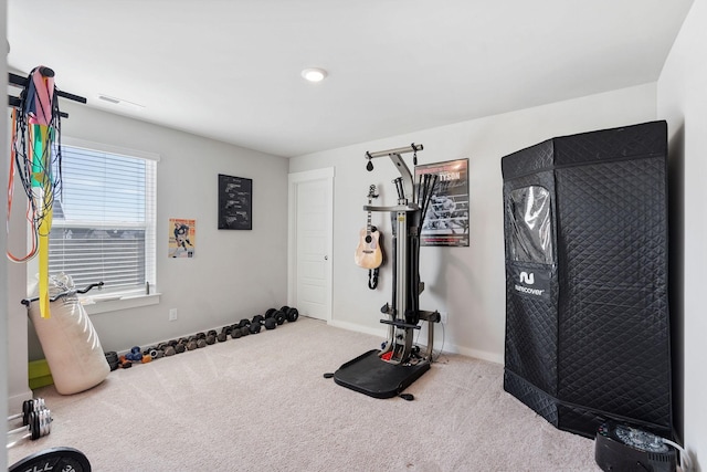 exercise room with carpet, visible vents, and baseboards