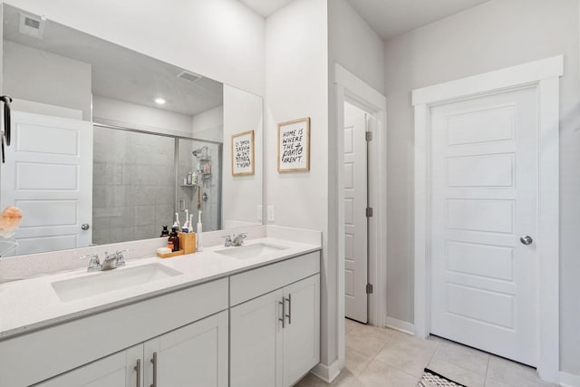 full bathroom featuring a stall shower, visible vents, a sink, and tile patterned floors