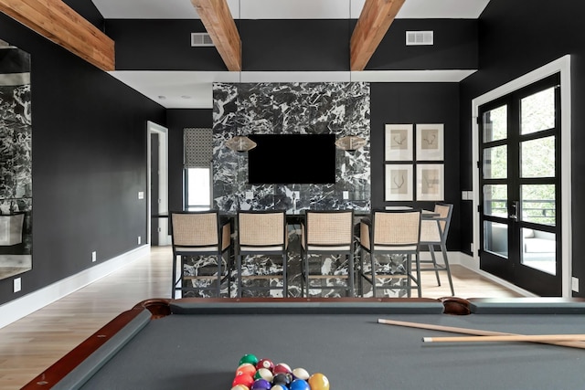 playroom featuring baseboards, billiards, visible vents, and beamed ceiling