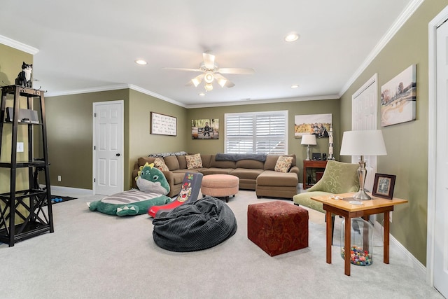 living area featuring light carpet, baseboards, ornamental molding, and recessed lighting