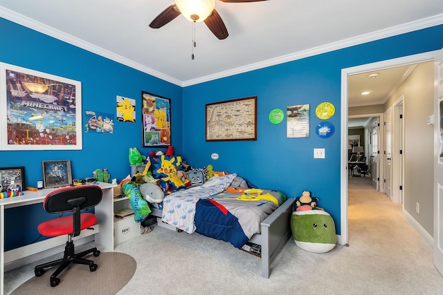 bedroom featuring light carpet, ceiling fan, ornamental molding, and baseboards