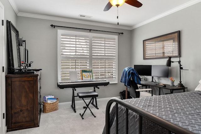 bedroom featuring ornamental molding, light colored carpet, visible vents, and baseboards