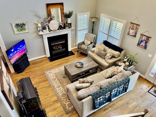 living area with a fireplace with flush hearth, baseboards, and wood finished floors