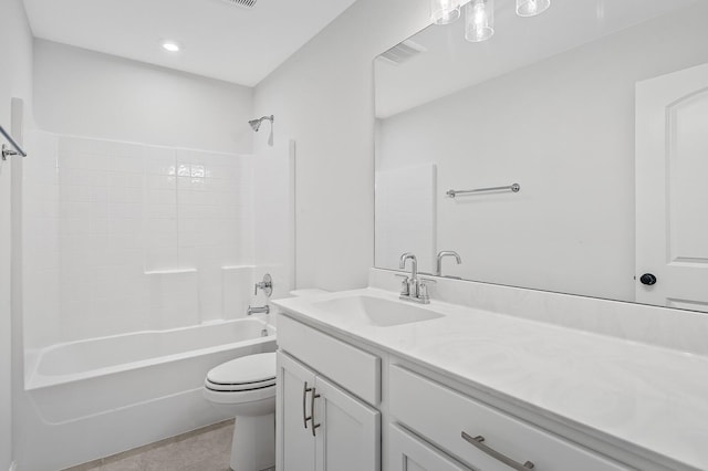 bathroom featuring shower / tub combination, tile patterned flooring, toilet, visible vents, and vanity