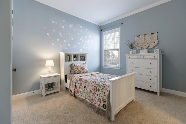 bedroom featuring ornamental molding, light carpet, and baseboards