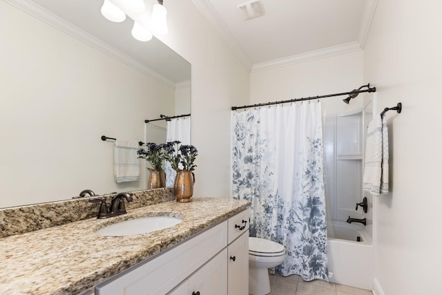 full bathroom with visible vents, tile patterned flooring, shower / bathtub combination with curtain, crown molding, and vanity