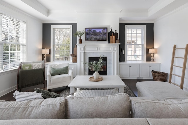 living area with dark wood-type flooring, a wealth of natural light, and a raised ceiling