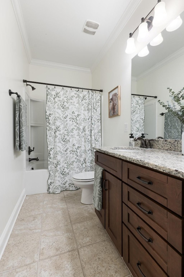 bathroom with toilet, shower / tub combo, visible vents, vanity, and ornamental molding