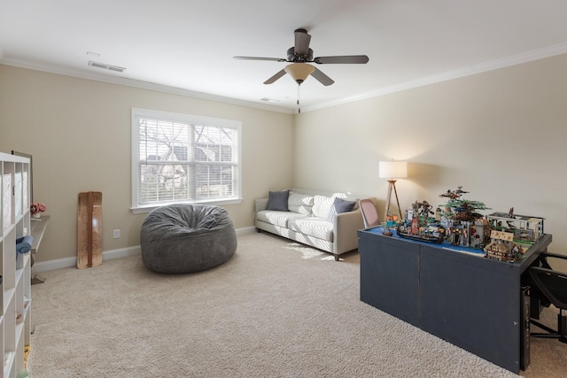 living area featuring carpet, visible vents, and crown molding