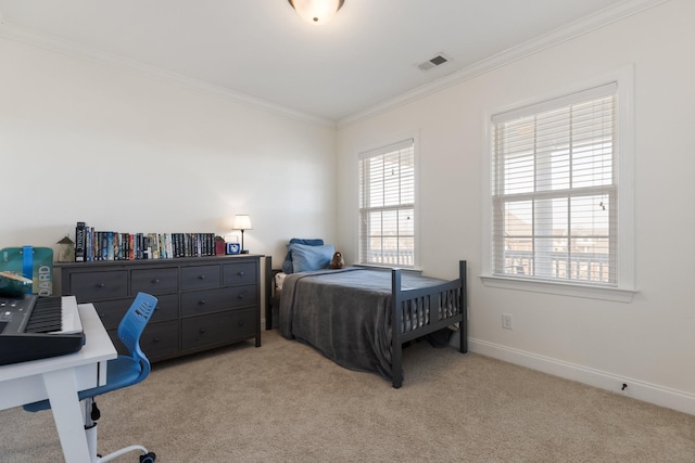 bedroom featuring light carpet, crown molding, visible vents, and baseboards