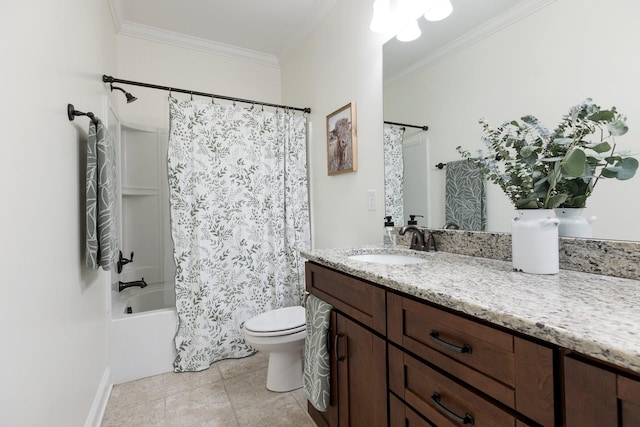 bathroom with toilet, ornamental molding, shower / tub combo, vanity, and tile patterned flooring