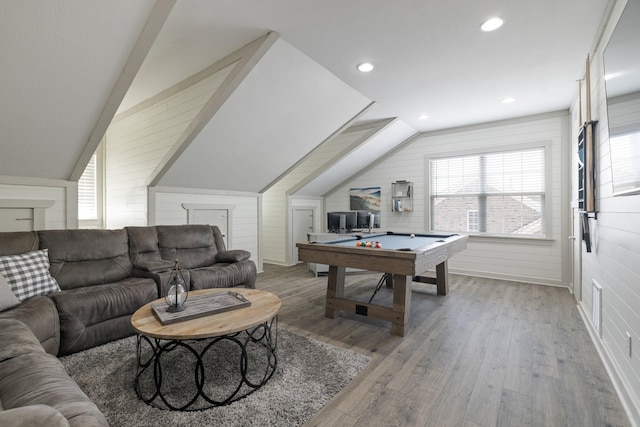 recreation room with recessed lighting, vaulted ceiling, wood finished floors, and pool table