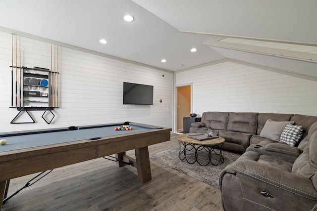 playroom featuring lofted ceiling, recessed lighting, wood walls, wood finished floors, and billiards