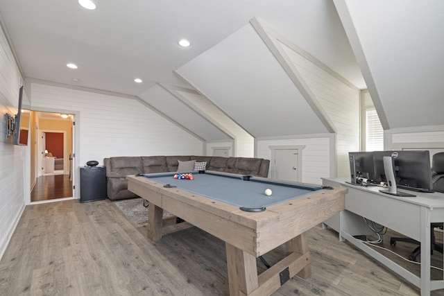 recreation room with lofted ceiling, billiards, light wood-style flooring, and recessed lighting