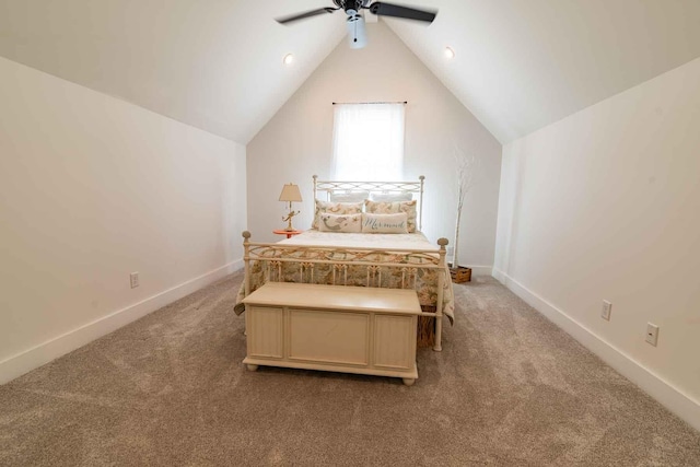 bedroom with lofted ceiling, baseboards, a ceiling fan, and light colored carpet