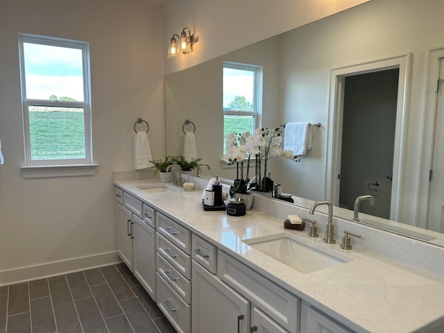 bathroom featuring a sink, baseboards, and double vanity