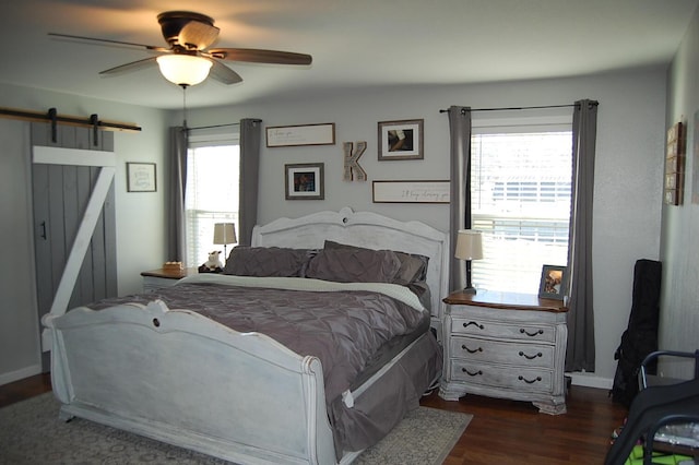 bedroom featuring dark wood-style flooring, a barn door, multiple windows, and a ceiling fan