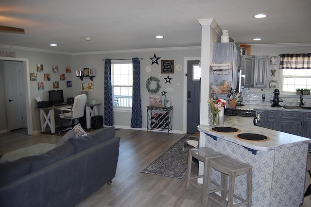 kitchen with a wealth of natural light, a kitchen bar, open floor plan, and light countertops