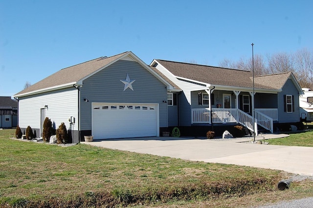 single story home with a porch, concrete driveway, a front lawn, and a garage