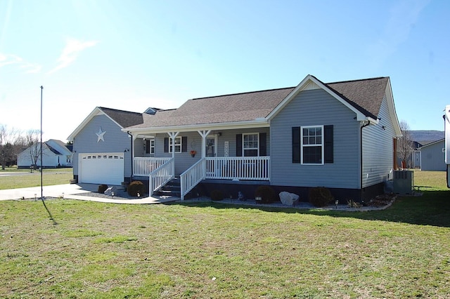 ranch-style home featuring a front yard, covered porch, and concrete driveway