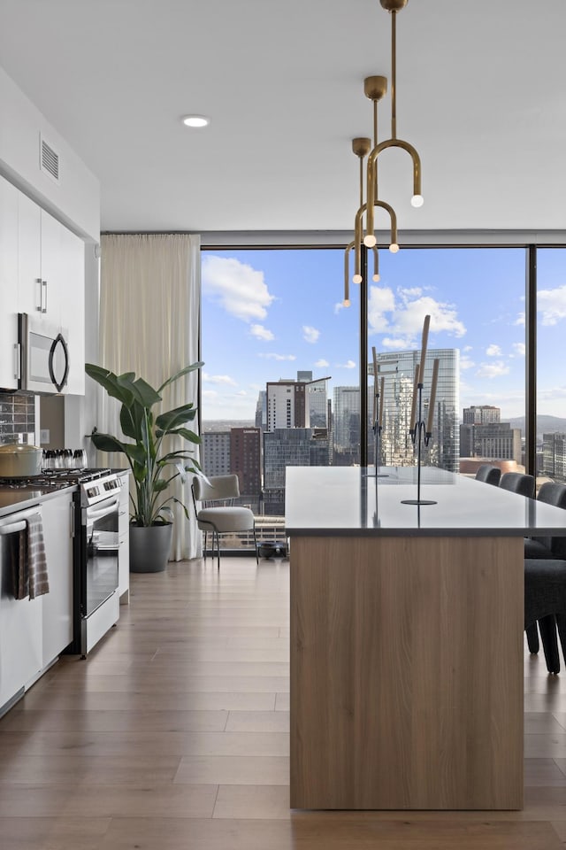 kitchen with stainless steel microwave, range with gas stovetop, visible vents, and a view of city