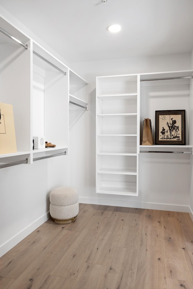 walk in closet with wood-type flooring