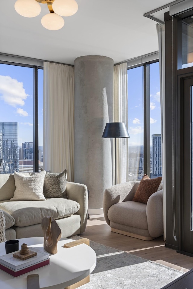 living room with a city view, wood finished floors, and expansive windows